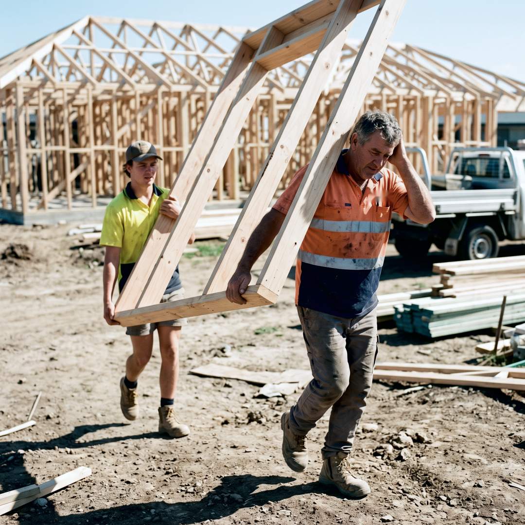 (SEP26) GIQ Blog: Hidden Cost of Staying Too Involved Builder carrying a timber wall frame with a young tradie employee across a housing construction site